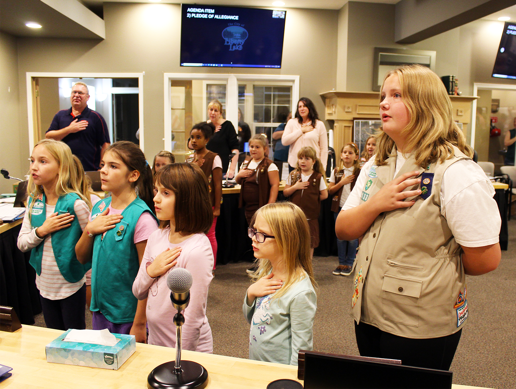 Girl Scouts doing Pledge of Allegiance at Council Meeting - 10-18-2022